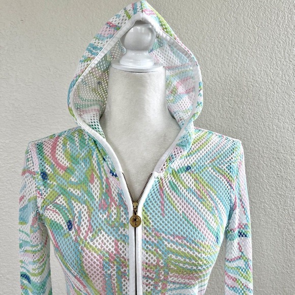 Lilly Pulitzer Sz X-Small Mesh Zip Up Hoodie Jacket White Green Pink Stripes - Picture 3 of 14
